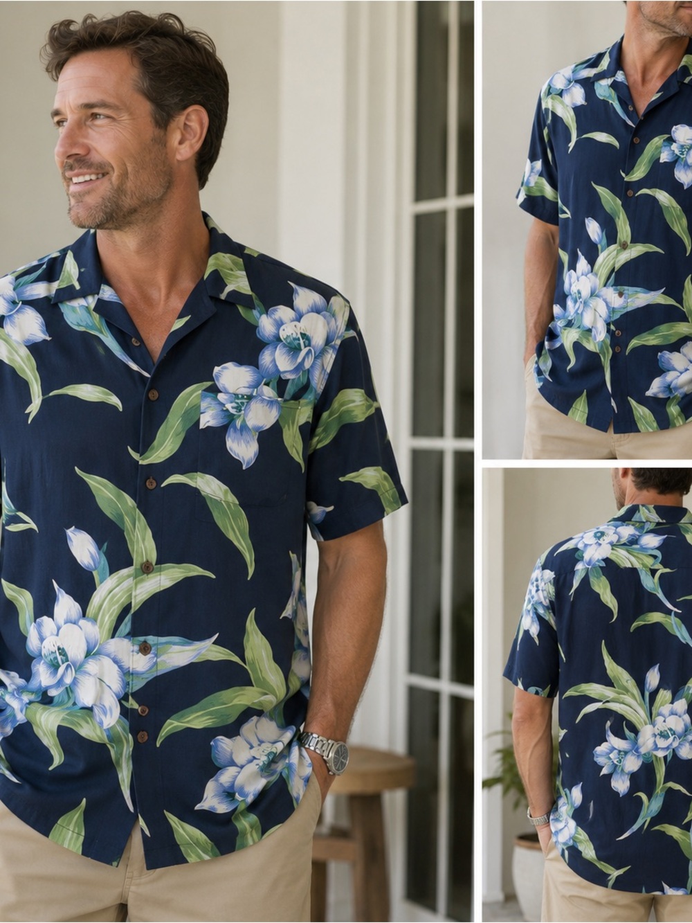 Tommy Bahama Navy Blue Silk loral Short-Sleeve Button-Down Shirt.  Mens XL
